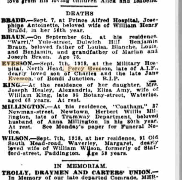 Death notice, The Sun (Sydney), 8 September 1918, page 8, Family Notices.