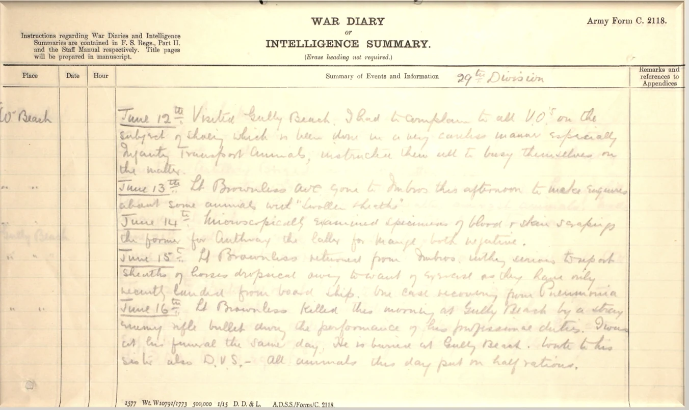 War diary entry noting Brownless’s death