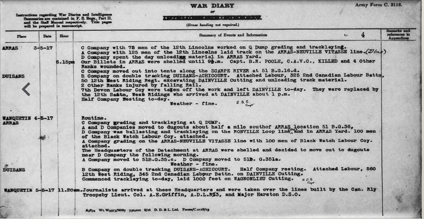 War diary recording death of Captain Poole