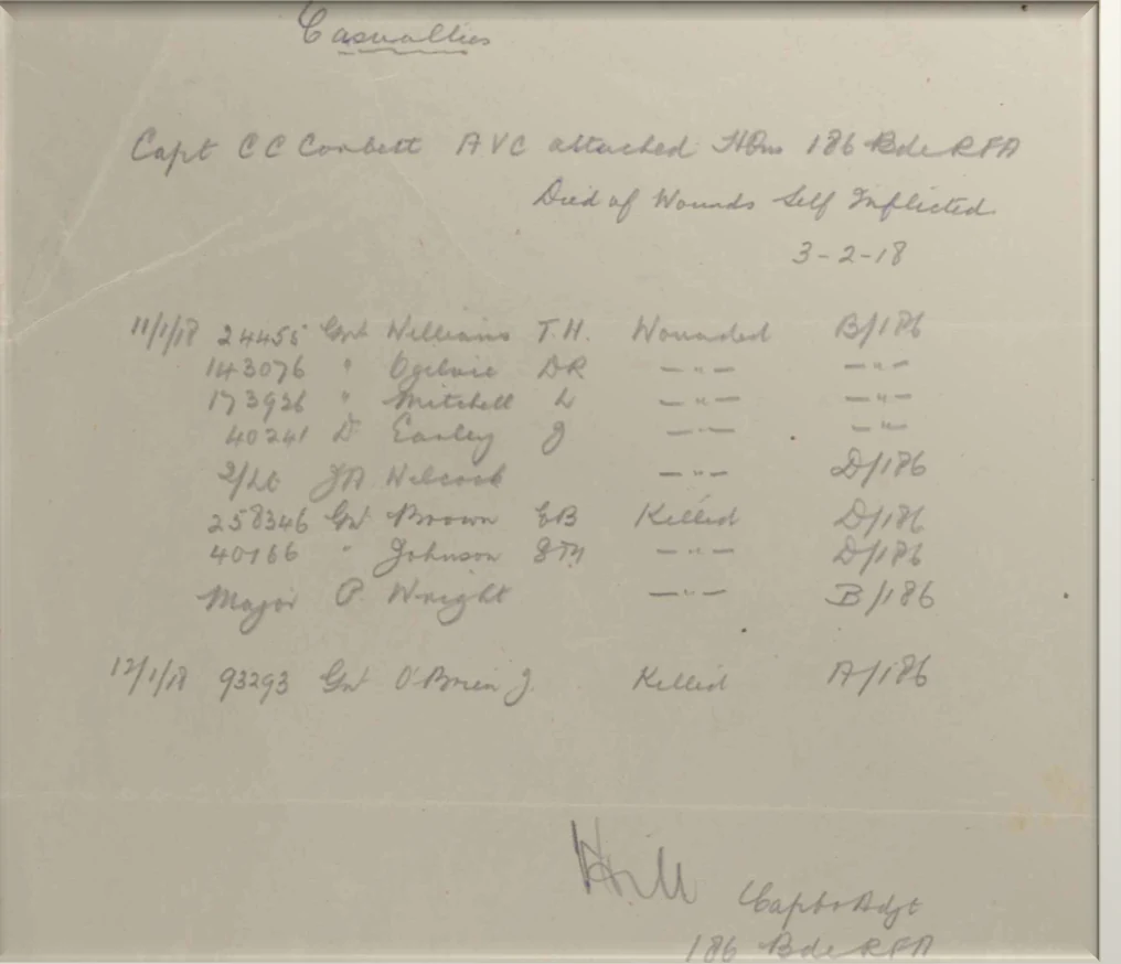 War diary entry recording Captain Corbett's death