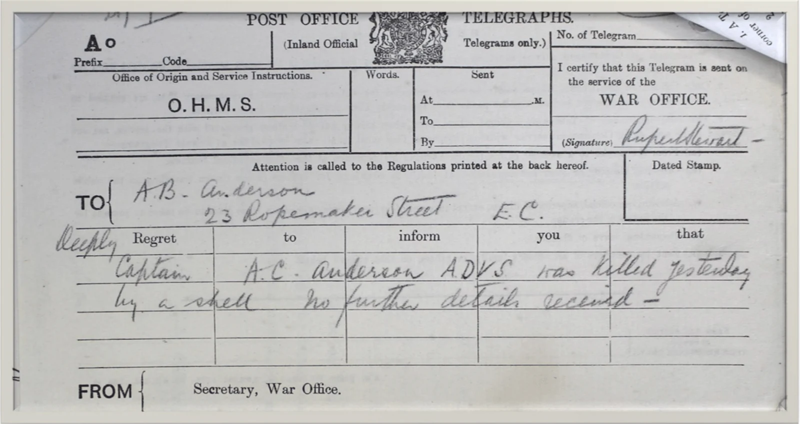 Telegram reporting Captain Anderson’s death