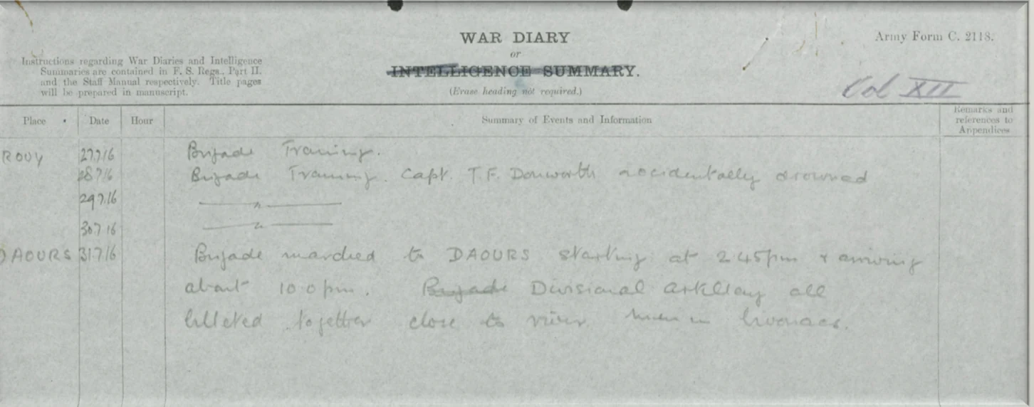 War diary entry noting Captain Donworth's death